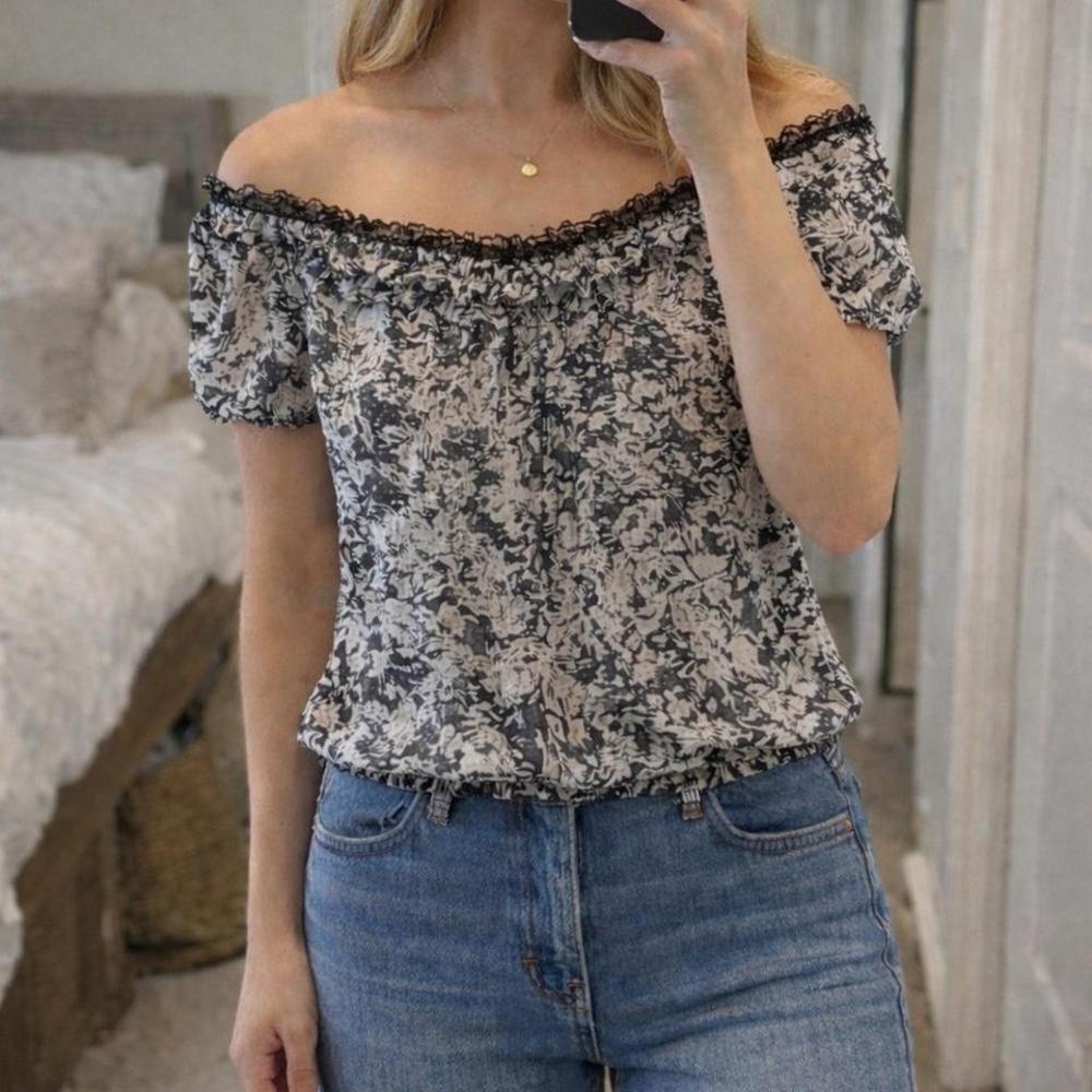 Suzy Shier Y2K Sheer Blouse‎ Black White Floral Flowy Women Medium Ruffle Fairy